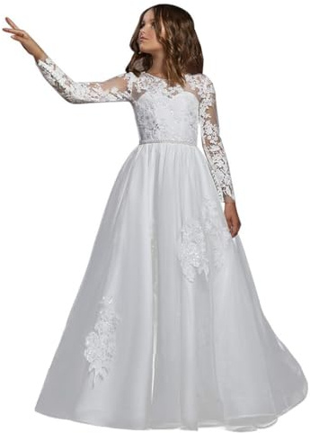 LECOYOYO Vestidos de encaje con flores para niña, con tul, de manga larga, vestidos para primera comunión, vestidos de noche para niños, beige, 14 años