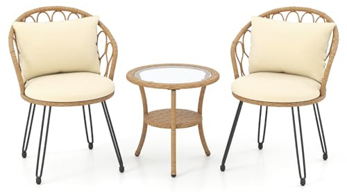 GYMAX 3-teiliges Gartenmöbel Set, Sitzgruppe Rattan mit 2 Stühle & Tisch, Garten Essgruppe 2 Personen, Balkonmöbel mit Kissen & rutschfesten Füßen, Bistroset für Terrasse, Patio, Pool