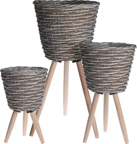 Muddy Hands Set of 3 Wicker Plant Pot Stands with Wooden Legs - Indoor Rattan Planters, 3 Sizes, Raised Flower Pots for Living Room, Bedroom & Home Decor