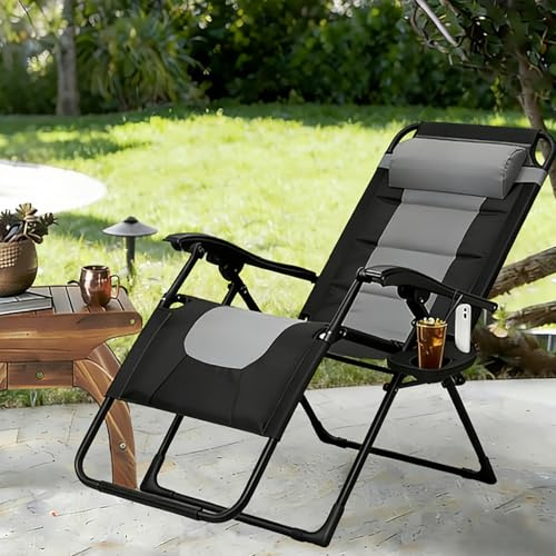 Liegestuhl Klappbar Zero Gravity Sonnenliege, Klappbare Gartenliege mit Abnehmbare Nackenkissen Getränkehalter, Verstellbare Rückenlehne,Belastbar 150kg,Ergonomisches für Balkon Strand Garten (Gray)