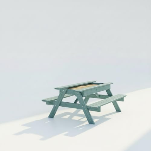 AMATA Table de pique-nique en bois pour enfant avec bac à sable intégré - Table de jardin d'extérieur pour enfants - Bois massif (bleu pomme)