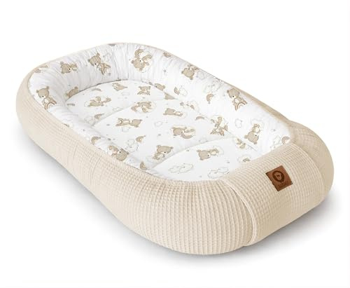 Babynestchen Neugeborene – Nestchen Baby aus Waffel Baumwolle & Baumwollstoff – Babynest für Babybett & Kinderbett – Baby Kokon Tragbar – OEKO-TEX – Zubehör für Babybett - Teddy und Hellbeige