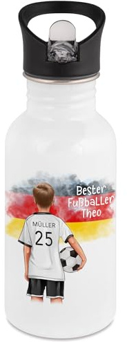 Kiddle-Design Personalisierte Trinkflasche Jungen individuelles Geschenk Fußballdesign, Name,& Nummer, Fußballflasche für Kinder zum Geburtstag & Schulanfang, Sport Edelstahl Flasche 500ml