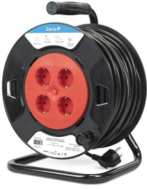 Garza - Enrollacables 50 m, 4 tomas con toma de tierra, doméstico interior, protección infantil, sobretensión y sobrecalentamiento, tambor eléctrico enrollable, rojo y negro, IP20, garantía 3 años