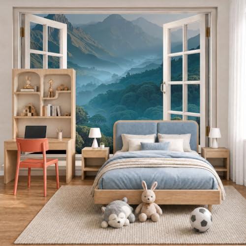 Carta Da Parati Fotografica In Tnt - Vista Finestra Montagne Nebbiose 200X140Cm Murale Fotomurale Decorazione Moderna Valle Forestale Naturale Per Soggiorno E Camera Da Letto Turchese