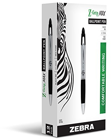 Zebra Pen, Z-Grip MAX Retractable Ballpoint Pens, Black Ink, 1.0mm Medium Point, Wide Barrel with Comfortable Grip, Silver Barrel, Metal Clip, 12-Count, (22410)