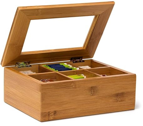 Relaxdays Scatola Porta The con 6 Scompartimenti, Coperchio in Vetro Salva Aroma, in Legno di Bambù, 9 X 28 X 16 cm, Naturale