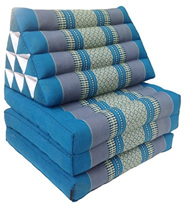 Traditional Thai Kapok 3 Fold Meditation Mattress with Oriental Style Triangle Recliner Cushion for Yoga Massage or Relaxation (Blue)