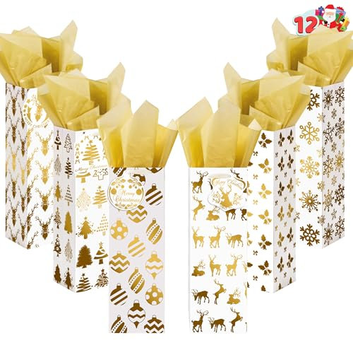 JOYIN 12 PCS Weihnachten Weinflasche Taschen Goldfolie mit Tissue-Papier und Namensschilder 6 Weihnachten drucken Designs für Winterurlaub Geschenk Party Favor Dekoration, Trinker Geschenk Geschenke