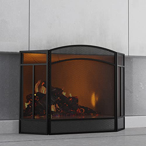 Fire Beauty Fireplace Screen 3 Panel Wrought Iron 48(L) x 29(H) Spark Guard Cover(Black)
