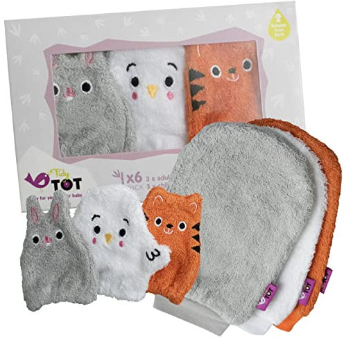 Tidy Tot ®™ Bamboo Washlappen für Kinder und Babys. 6 Waschhandschuh Wasch-Pads. Babywaschlappen für Bad und Mahlzeiten. Ersatz für Feuchttücher.3 große und 3 Waschlappen für Babyhände.Badespielzeug.