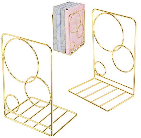 Buqoo Buchstützen aus robustem Metall, 1 Paar Buchstützen für Regale, niedliches Kaktus-Design (goldene Kreise)