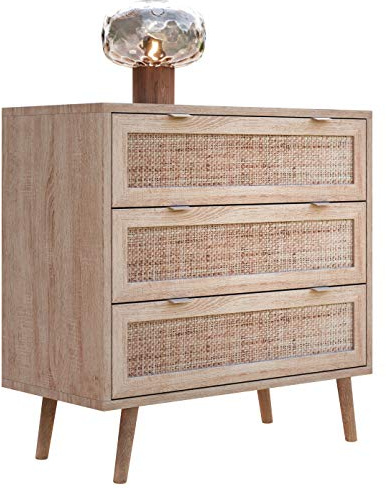 Newfurn Kommode mit Schubladen Rattan Optik Sonoma Eiche Flur Schlafzimmer | grifflos, konische Holzbeine, Sideboard, Komodenschrank, skandinavisch Boho Retro, für Wohnzimmer und Diele