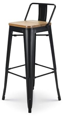 Kosmi - Barstuhl, großer Hocker im Industriestil mit Kleiner Rückenlehne aus mattschwarzem Metall und Sitzfläche aus hellem Naturholz, Sitzhöhe 76cm