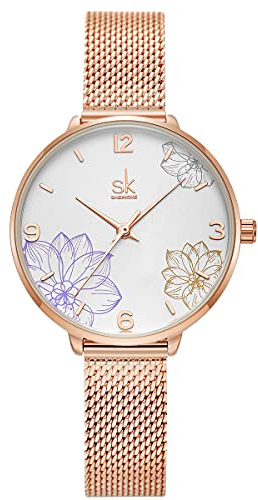 Alienwork Armbanduhr Damen Roségold Metall Mesh Armband Edelstahl Weiss Elegant