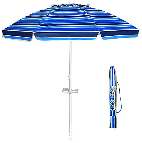 GIANTEX Ombrellone da Giardino Inclinabile da 220 cm con Ancoraggio, Portabicchieri e Borsa per il Trasporto, Parasole Rotondo per Spiaggio Giardino（blu）