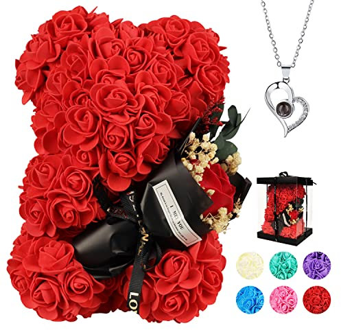 POHOMEGK Rose bear Mothers Gifts for Mum，Rose Bear Gifts for her Rose Flower Bear Teddy Bear with Box I Love You Necklace 100 Languages Beautiful Gift for Mum