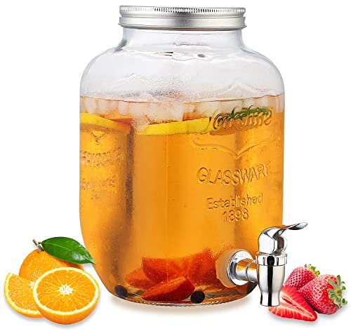 Berglander Getränkespender 4L aus Glas mit auslaufsicherem Edelstahlhahn, praktischer breiter Öffnung und Edelstahldeckel, der sicher abdichtet, um Ihre Getränke frisch zu halten.