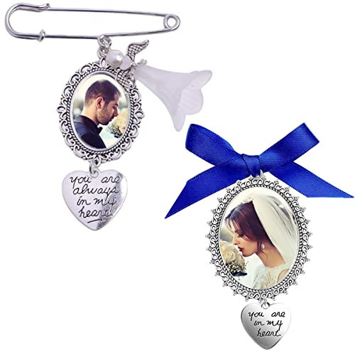 JKJF 2 piezas de ramo de boda para fotos, kit de fabricación de broches, marco ovalado de encaje para novia, dije conmemorativo de ángel, marco de fotos de cristal transparente para boda, compromiso,