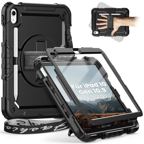 Timecity hülle Für iPad 11 Generation (A16) Hülle 11 Zoll 2025/10 Generation Hülle 10.9 Zoll 2022,Stoßfeste Schutz mit Displayschutz Handschlaufe 360°-Drehbarer-Ständer Stifthalter Outdoor-Schwarz