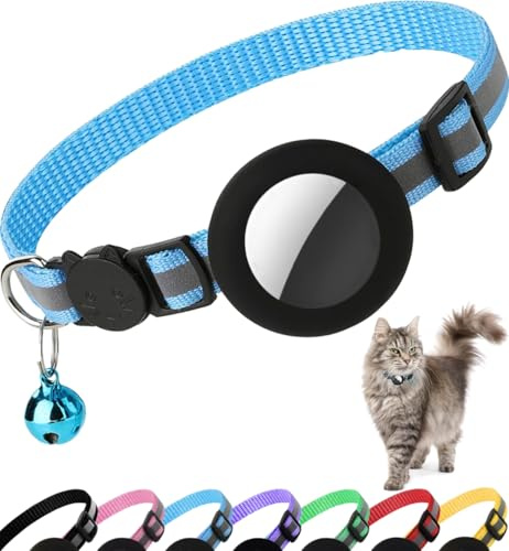 Dgerp Collare Gatto Airtag, Collare Riflettente Antistrozzo per Gatti con Custodia Protettiva Air Tag (GPS AirTag Non Incluso) e Campanellino, Adatto a Gatti di Tutte Le Taglie(Blu)