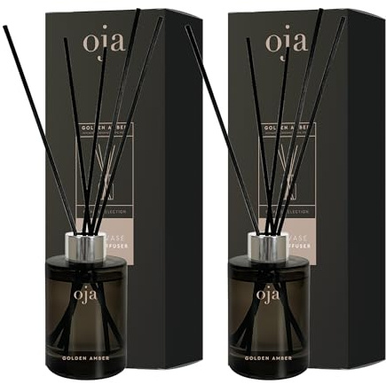 OJA Raumduft Reed Diffuser 2er Pack je 100ml Golden Amber | Reed Diffuser mit Rattanstäbchen in Glasvase, warmer Amberduft