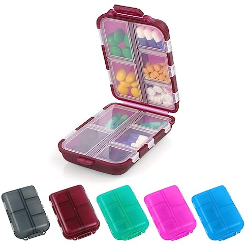 ACWOO Pastillero Caja, Caja de Pastillas con 10 Compartimentos, Pastillero Portátiles de Viaje, Pastillero Diario Bolsillo, Pastillero Semanal, Para Medicamentos y Vitaminas (Rojo)