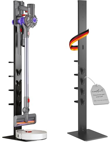 PureMounts Staubsaugerständer mit angeschrägter Bodenplatte für Saugroboter, 8 Zubehör-Halterungen, kompatibel mit Dyson V6, V7, V8, V10, V11, V12, V15, Gen5, schwarz