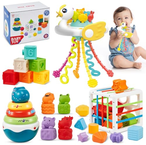 eners 5-in-1-Montessori-Babyspielzeug, Stapelspielzeug für Kleinkinder von 1–3 Jahren, Stapelblöcke, Ringe, Zugschnurspielzeug, sensorisches Babyspielzeug 6 9 12 18 Monate