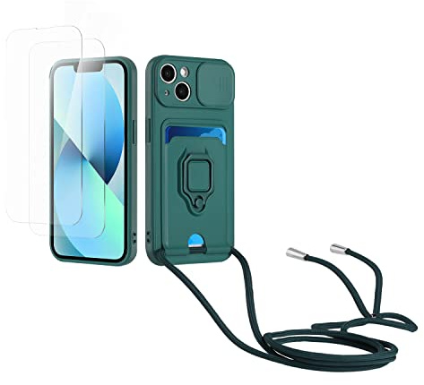 Kaslly Case für iPhone 15 Handykette Hülle+[2 Schutzfolie Glas],Slide kameraschutz,Silikon Handyhülle zum Umhängen Kette,Kartenfach-dunkelgrün