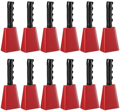Fiada 12 Pcs Cow Bell 8 Inch Noise Makers for Sporting Events Loud Hand Bell Musical Cheering Cowbell with Handle for Football Classroom Graduation School Events (Red)