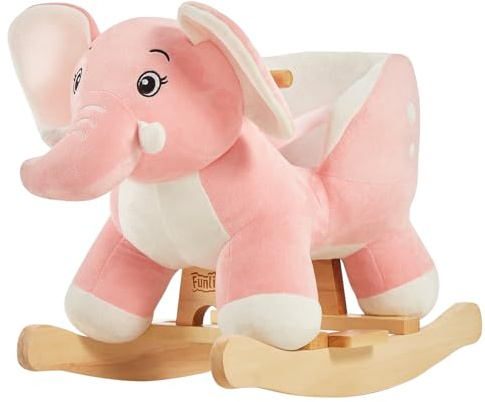 Funlio Elefant-gunghäst för bebisar och småbarn från 6 månader till 3 år, söt och graciös, rosa elefantgunga, fylld plysch, rid på gungande djur, lätt att montera, CPC- och CE-certifierad