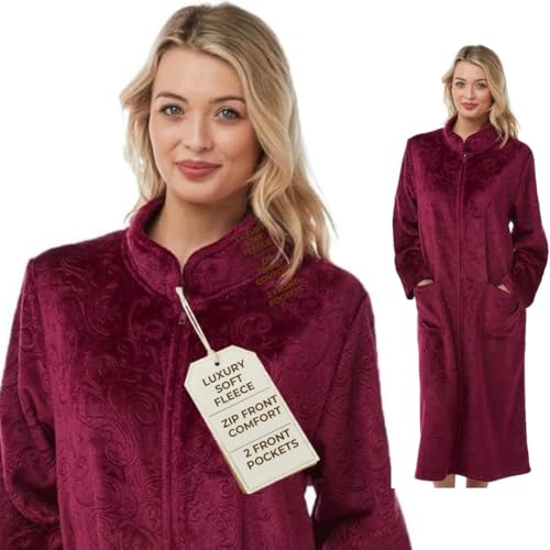 Lady Olga Luxury Zip Up Dressing Gowns for Women UK, Plush Feel Fleece Bed Jacket Ladies,Velvet Like Women's Nightwear, Long Length Bath robe and Housecoat, Size 10-24