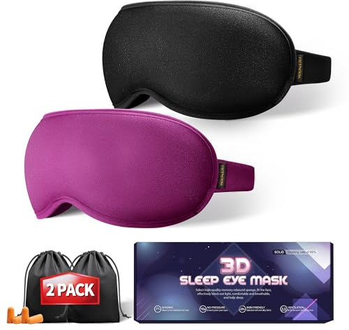 Máscara de ojos con peso de espuma viscoelástica, paquete de 2 unidades, antifaz para dormir para aliviar el dolor de cabeza, opacidad, lavable, contorneado en 3D, cubierta de ojos para mujeres,