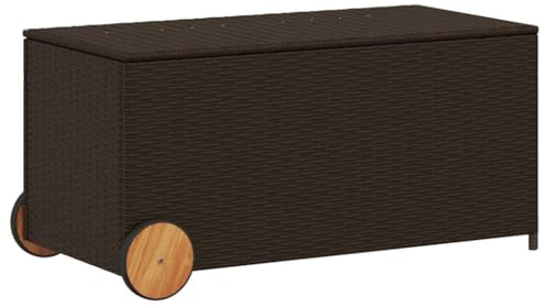 vidaXL Caja de Almacenaje de Jardín con Ruedas, Cofre de Almacenaje, Asiento Banco Exterior, Baúl para Juguetes, Ratán PE Marrón 190L