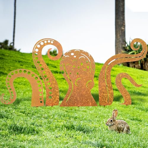 Bennoripen Oktopus-Gartenskulptur, Oktopus-Silhouette, künstlerische Metall-Gartenskulptur, Tintenfisch, Gartenfigur, Ornamente für Rasen, Hof, Outdoor, Hinterhof, Statue, Dekorationen (100 cm)