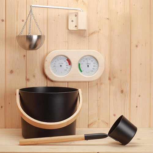Saunaeimer aus mit Schöpfkelle | Schöpfkelle, Sanduhren und Thermohydrometer 7L | Sauna-Zubehör-Set | Komplettset Saunaeimer und Schöpfkelle zur Verbesserung der Sauna zu Hause