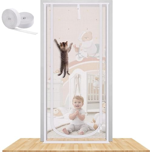 Fliegengitter Balkontür 110cm X 220cm, Katzengitter Balkontür, Haustiere Bildschirm Tür, Katzennetz Für Balkon For Wohnzimmer, Schlafzimmer, Küche Hund Katze Gittertür Mit Reißverschluss(Size:110x220c