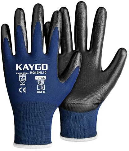 KAYGO Arbeitshandschuhe Nitril beschichtet, 12 Paar, KG12N | Flexibel Schutzhandschuhe mit gutem Grip für Herren Damen, ideal für Arbeit Bau Lager Auto Garten DIY (Blau, XL, Gr 10)