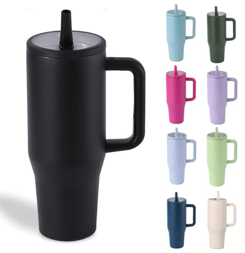 Moollyfox 1 200 ml/40 oz isolerad mugg läckagesäker rostfritt stål dubbelväggig bilmugg med sugrör kaffekopp kylkopp resemugg med handtag och läckagesäkert lock svart