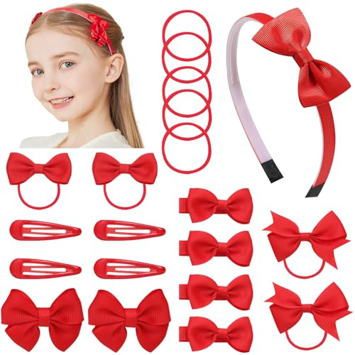Girls Red School Hair Accessories Kit, Bow Elastic Headband, Hair Clips, Ponytail Holder