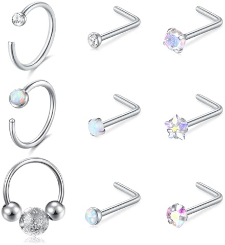Funseedrr 9 st 20 g näsringar rostfritt stål L-formad opal nässkruv med kubisk zirkonia silver näsa piercing smycken