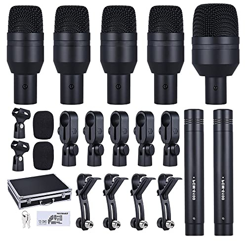 ERYUE Microphone DMS-D7 Professional Musical Instruments Drum Set Wired Microphone Mic Kit with Standard Mounting Accessories Aluminum Carrying Case 1 Big Drum Microphone 4 Small