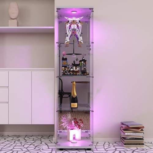 RWUDV glasvitrinskåp med LED-belysning, 164 x 43 x 37 cm, modernt vitrinskåp med 4 hyllor, 1 dörr vitrinskåp, glasskåp stående vitrinskåp av härdat glas och trä, för vardagsrum