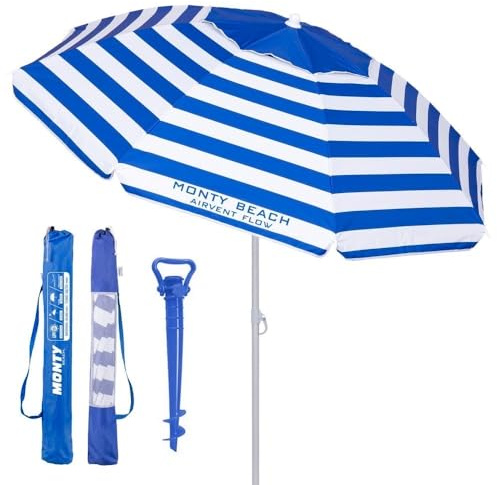 LOLAhome Sombrilla Playa 240 cm y Soporte Arena, protección UV+50, sombrilla antiviento, Varillas Flexibles Fibra Vidrio, Techo ventilación, mástil inclinable y Regulable Altura, Bolsa Transporte
