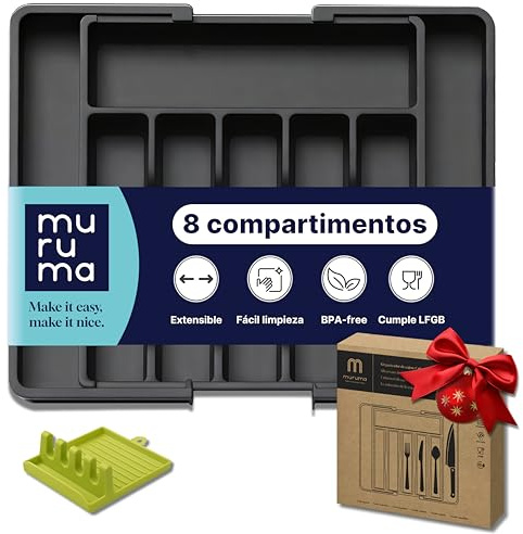 MURUMA Organizador de Cubiertos Extensible para Cajón de Cocina 33-57 cm, Cubertero Ajustable y Expandible con 6-8 Compartimentos y Reposa Cucharones, Bandeja Porta Cubiertos BPA Free, Negro