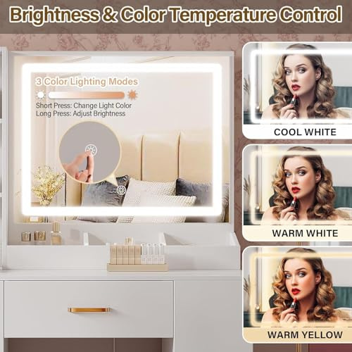 BEHOMHAZQ Dressing Table with Mirror and Stool: Vanity Desk with Mirror and Drawers, Open Shelves, White Vanity Dressing Table for Bedroom with Led Light, 3 Color Light & Adjustable Brightness