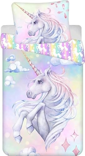 Sweet Home Wende-Bettwäsche Einhorn Baumwolle Einzelbett 140 x 200 cm und Kissenbezug 70 x 90 cm Pastell Regenbogen