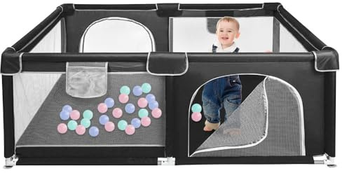 Laufstall für Babys, Laufgitter für Kleinkinder, Spielstall, Zaun für Babys, aus Oxford-Stoff mit Aufbewahrungstasche, 120 x 160 x 66 cm, Schwarz