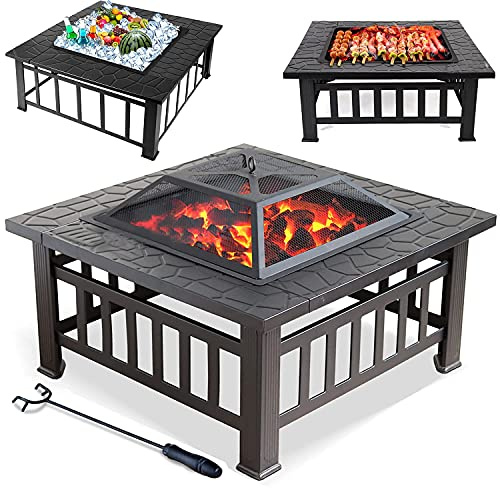 Brasero carré de 81,3 cm pour jardin avec tisonnier, foyer 3 en 1 en métal et brasero pour barbecue, table de brasero pour terrasse extérieure avec écran anti-étincelles en maille